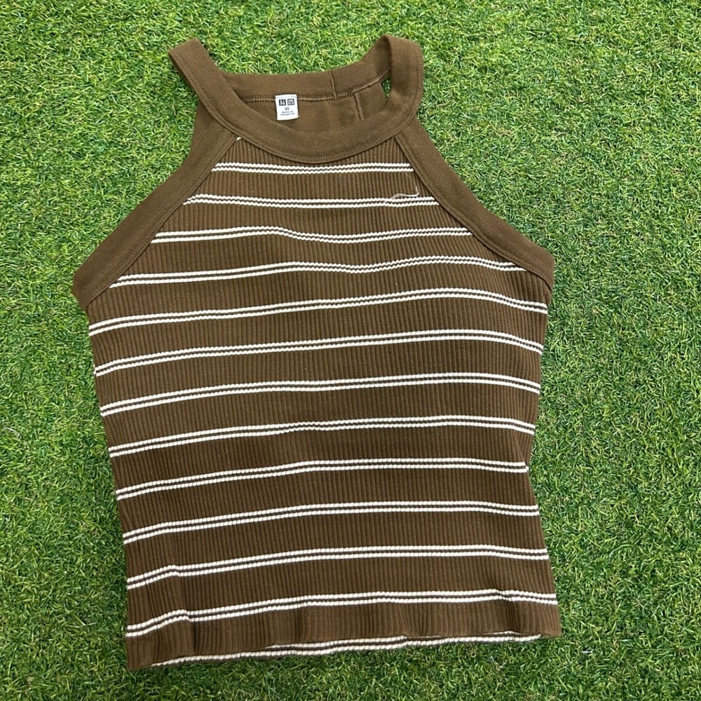 Uniqlo Brown Striped Ribbed Halter Neck Tank Top XS Sleeveless Racerback